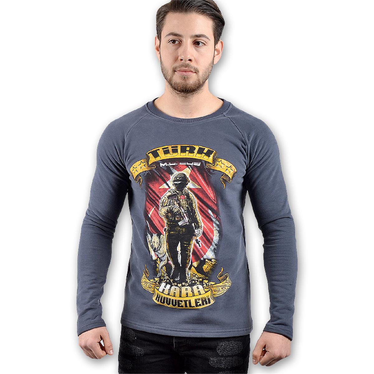 Kara Kuvvetleri Baskılı Erkek Uzun Kollu Sweatshirt - Gri